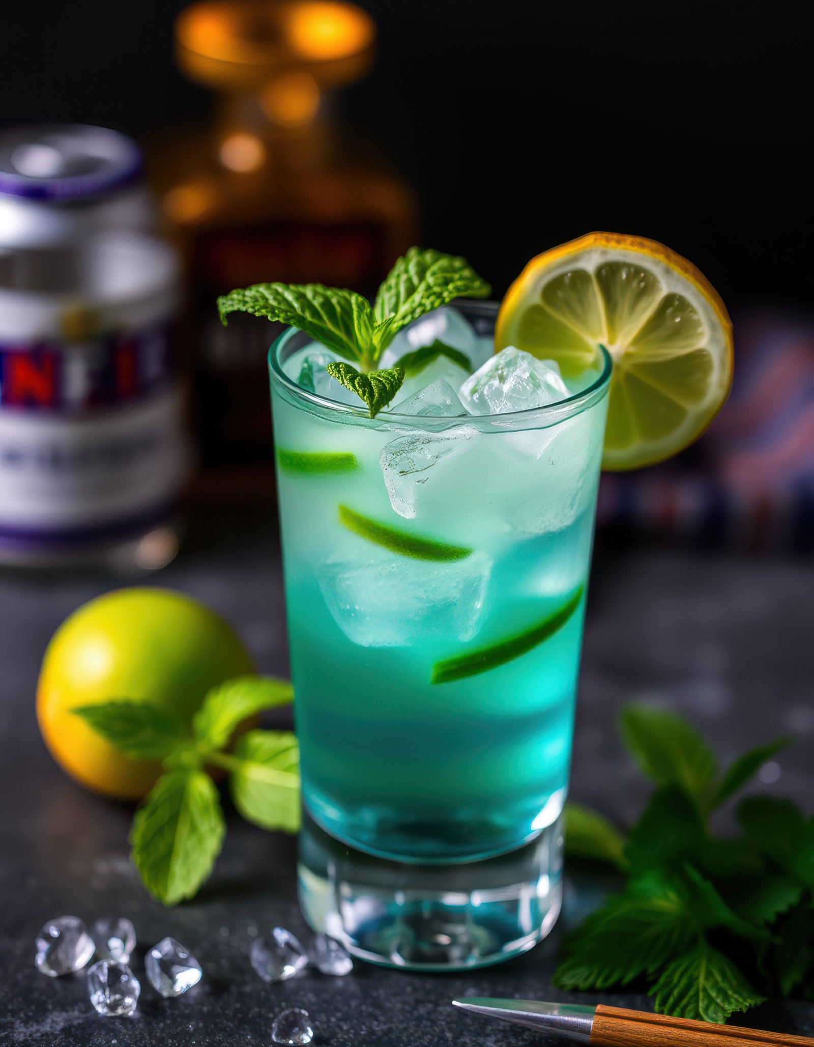 Refreshing blue cocktail served in a glass with mint and citrus garnishes on a dark bar countertop